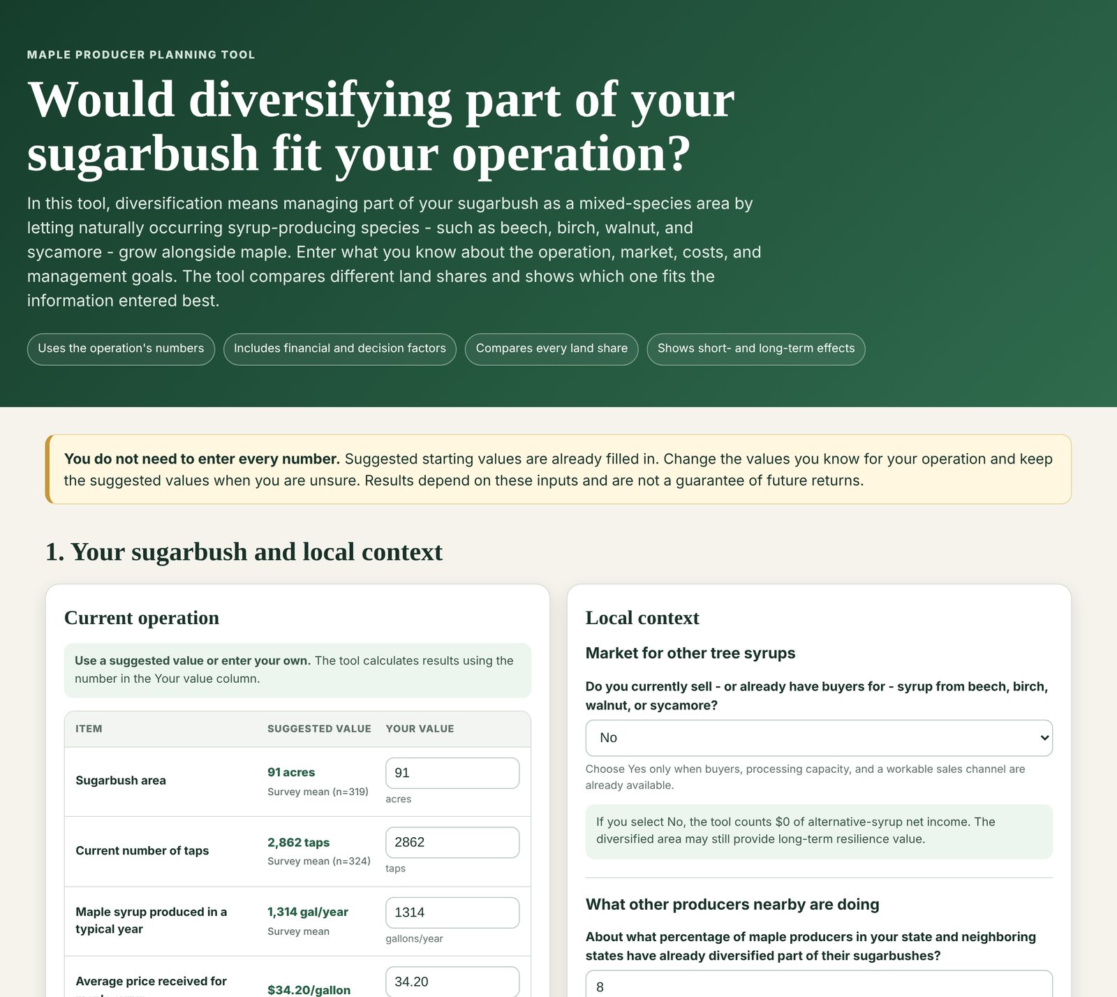 Opening screen of the decision tool, where producers enter their sugarbush area, taps, production, and local market conditions